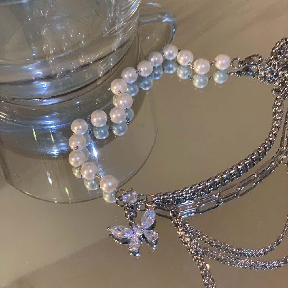 Mxbeauty Kalung Mutiara Elegan Hip Hop Perempuan Berlian Imitasi Choker Kupu-Kupu Liontin Wanita Rantai Klavikula