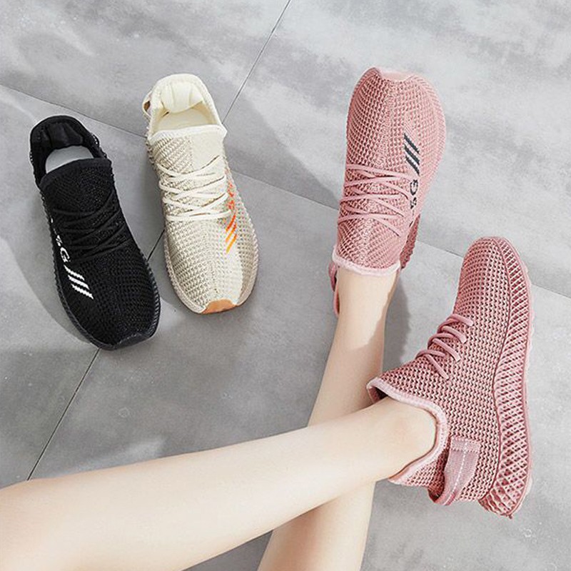 Sepatu Sneakers Wanita Tanpa Tali Model Sport untuk Lari Ukuran Ready Kuning Merah muda