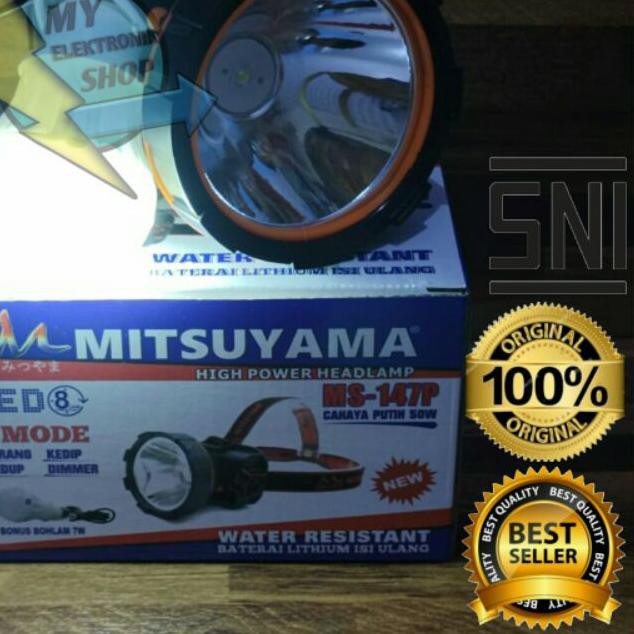 ☉ Senter kepala LED 50W MITSUYAMA MS-147P/K Free Bohlam cahaya putih/Kuning Headlamp 50Watt Dimmer ✬