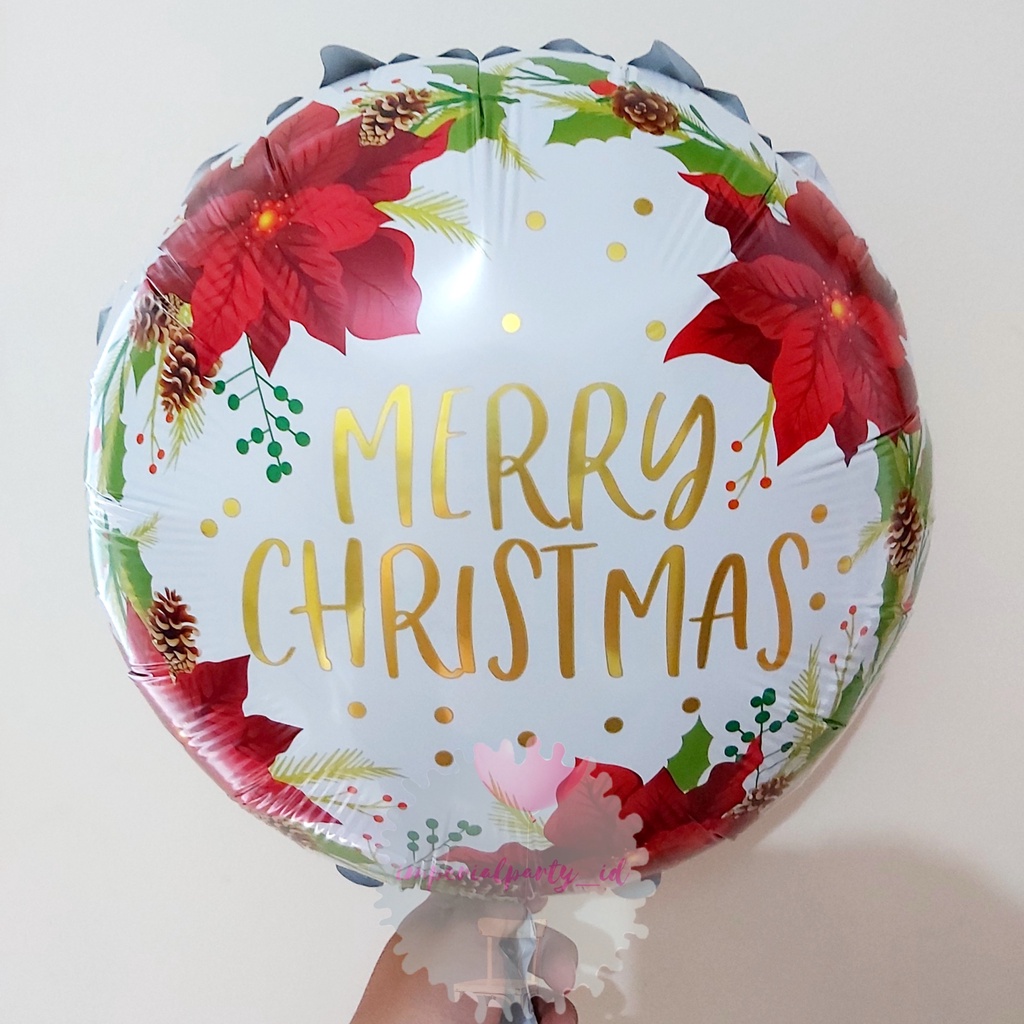 Balon Foil Bulat Merry Christmas White Putih Flower Gold