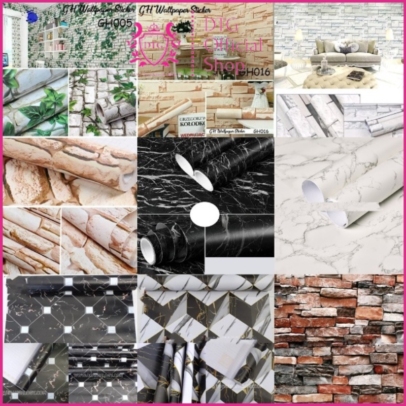 (Free Ongkir) DTG Wallpaper Dinding Batu Bata Merah Coklat Abu Orange Biru Hijau Motif Dan Karakter