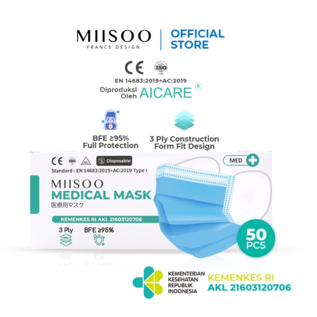 MIISOO Facemask Medical Masker Medis 3ply 50s Masker Bedah Produksi oleh AICARE izin Edar/Kemenkes