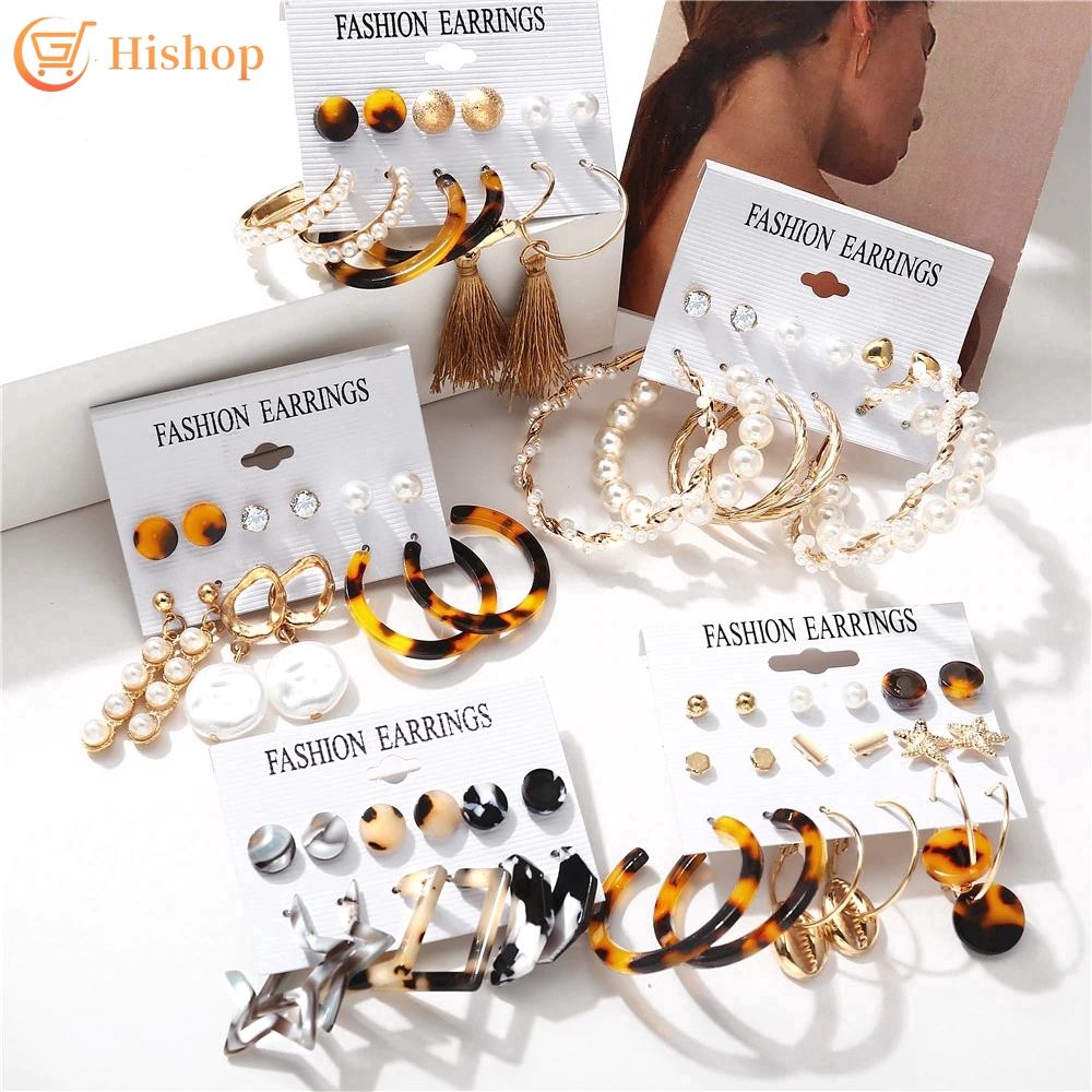 6 Pasang / Set Anting Tusuk Aksen Mutiara + Rumbai untuk Wanita / Hadiah