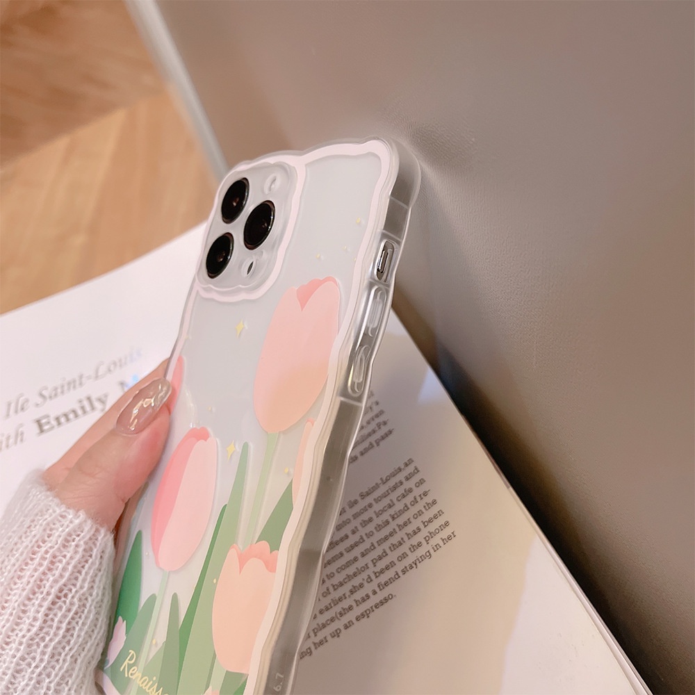 IPHONE Pink Tulip Bunga Bentuk Gelombang Transparan Manis Casing Pelindung Ponsel Cover Untuk Iphone7 8 PLUS X XR XS 11 12 13 14 MINI PRO MAX SE 2020