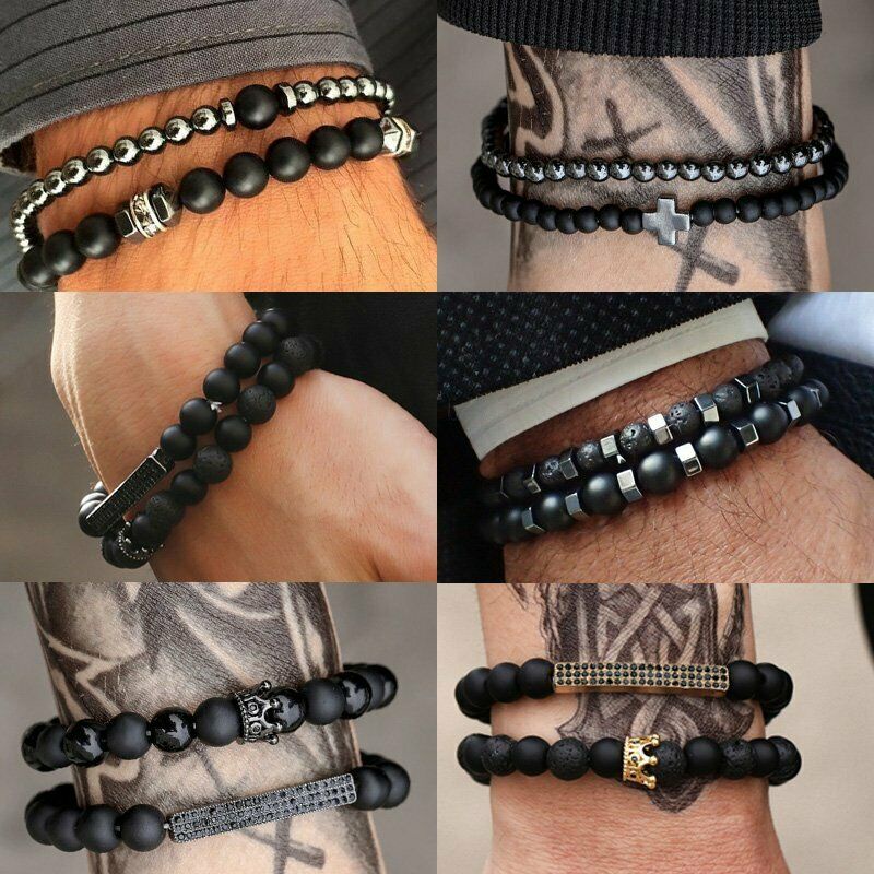 3pcs Gelang Manik-Manik Batu Hematite Warna Hitam Untuk Pria