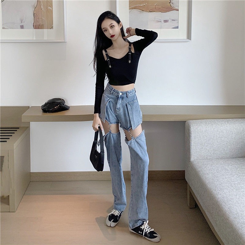 Suhao Celana Jeans Wanita Straight Slip Pants Musim Semi Desain Baru Dua Arah Dilepas Celana Pendek