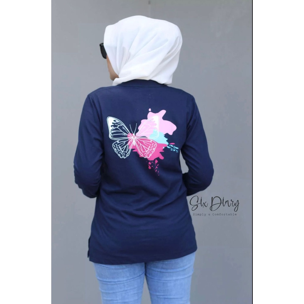 Kaos Wanita Atasan Wanita Kaos Lengan Panjang Wanita Six Diary WARNA navy Motif kupu-kupu // SIX DIARY/ATASAN WANITA/PAKAIAN WANITA TERBARU 2022