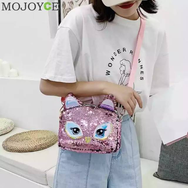 MOMBABY1 Owl Uni - Tas Slempang Anak Motif Sequin Unicorn Owl / Tas Sequin Anak