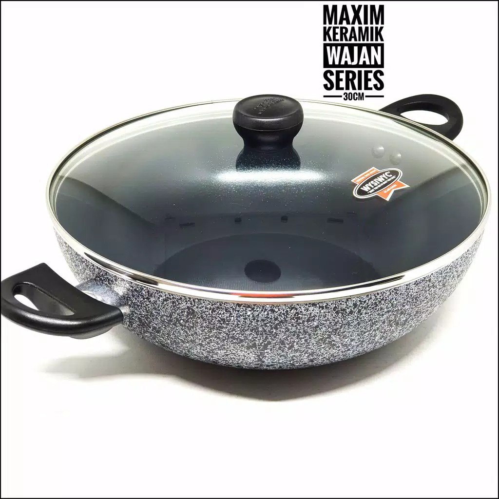 Maxim 30cm Wajan Keramik Anti Lengket + Tutup Kaca Panci Penggorengan Wok