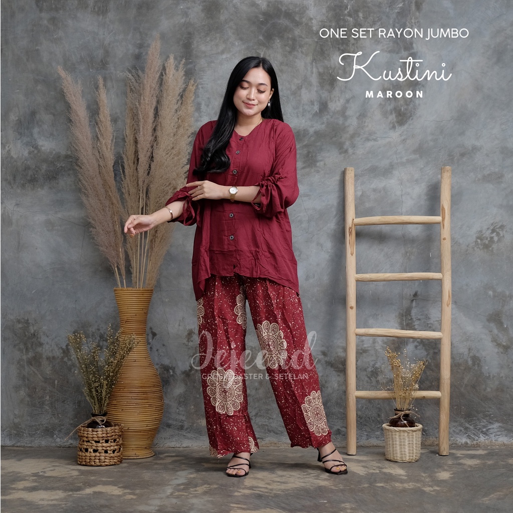 SETELAN RAYON JUMBO LD 120 CM BIG SIZE SUNDARI SET PIYAMA TIE DYE LENGAN PANJANG KANCING-KUSTINI-MAROON