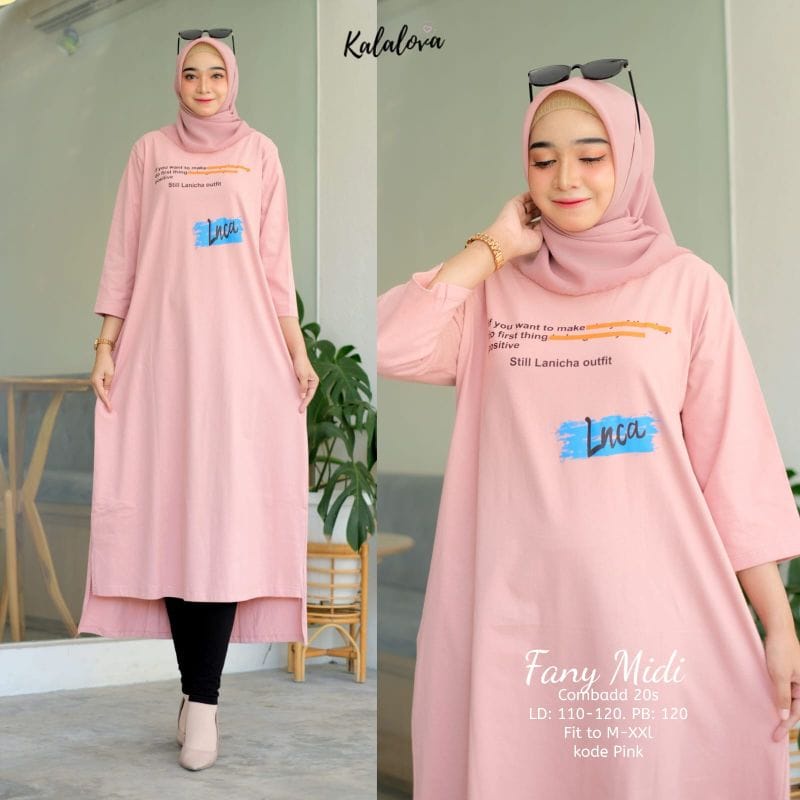 Fany Jumbo Midi Baju Kaos Wanita Midi Dress Matt Combed Aksen Sablon Casual Dress Fashion Wanita Korean Style