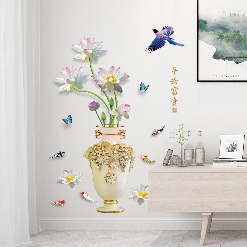 WALL STICKER STIKER SETIKER SETICKER WALLSTICKER WALLSTIKER DINDING TEMPELAN POT BUNGA SAKURA PINK PEONY RUMPUT TERATAI MERAK DEKORASI TEMBOK DECOR DEKOR RUMAH RUANG TAMU MAKAN KELUARGA WALSTICKER WALSTIKER CHINESE NEW YEAR WALLPAPER WALPAPER IMLEK