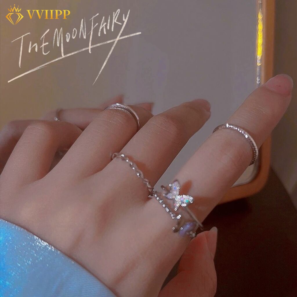 IFYOU 4pcs / Set Cincin Desain Kupu-Kupu Aksen Kristal Warna Silver Gaya Korea Untuk Wanita