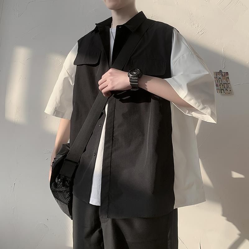 Men Korean Style.Oversize Shirt.B&W Shirt.Summer Shirt