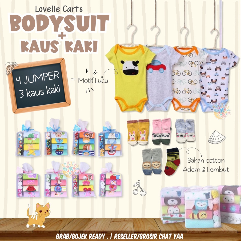 LOVELLE CARTS 4 PCS BODYSUIT JUMPER PENDEK + 3 PASANG KAOS KAKI BAYI 3-12 BULAN