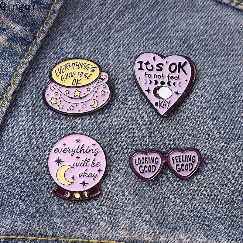 Bros Pin Enamel Bentuk Cangkir Kopi / Hati / Kacamata / Kutipan Inspirasional