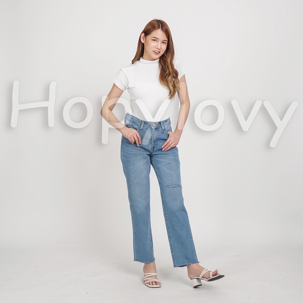 HOPYLOVY Celana Boyfriend Jeans Wanita Highwaist Jeans Sobek Unfinished Mirlanda