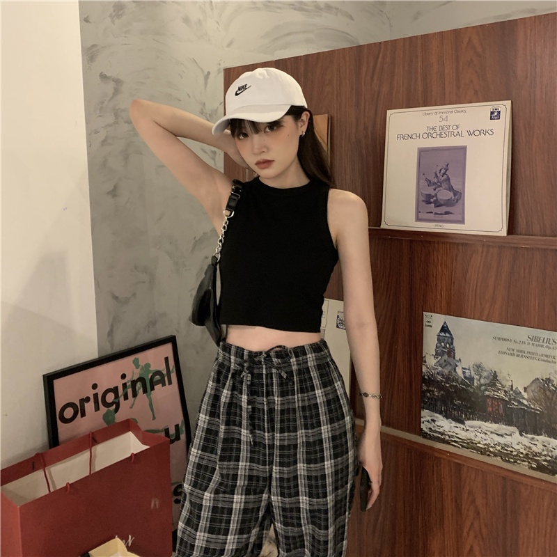 Korean Style Rompi rajut wanita kotak kotak  Pakaian Wanita Rompi wanita Crop top/V-neck tanpa lengan kasual crop top knit/outer rompi panjang wanita/Rompi rajut