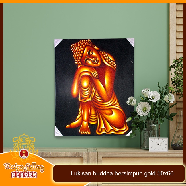 Lukisan Buddha bersimpuh gold 50 X 60