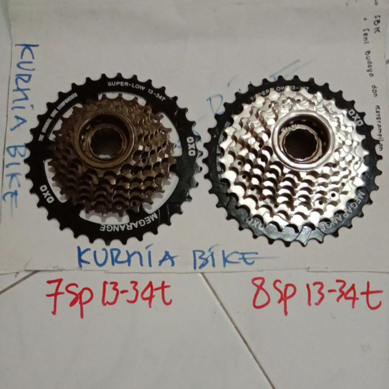 Gear freewheel OXO 7 atau 8 speed, 13-34t, sprocket model drat atau ulir murah untuk sepeda lipat MT