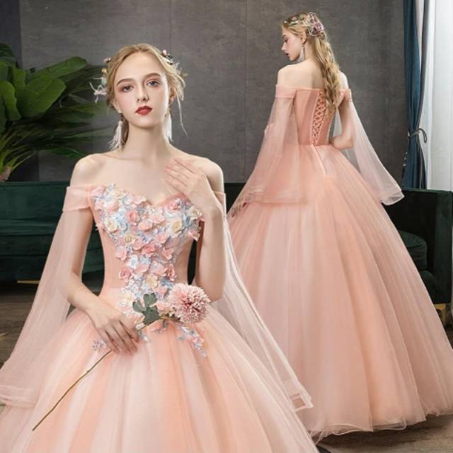 Gaun Pengantin Pengantin Peach Elegant Off Shoulder Slim Fit Bordir Renda Gaun Pesta Pernikahan