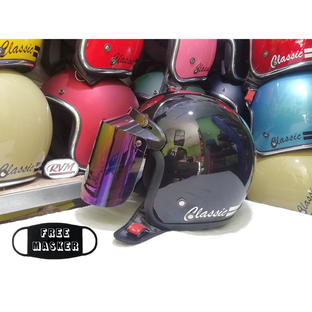 Helm Bogo Classic Dewasa Hitam Kaca Datar Pelangi Shopee Indonesia