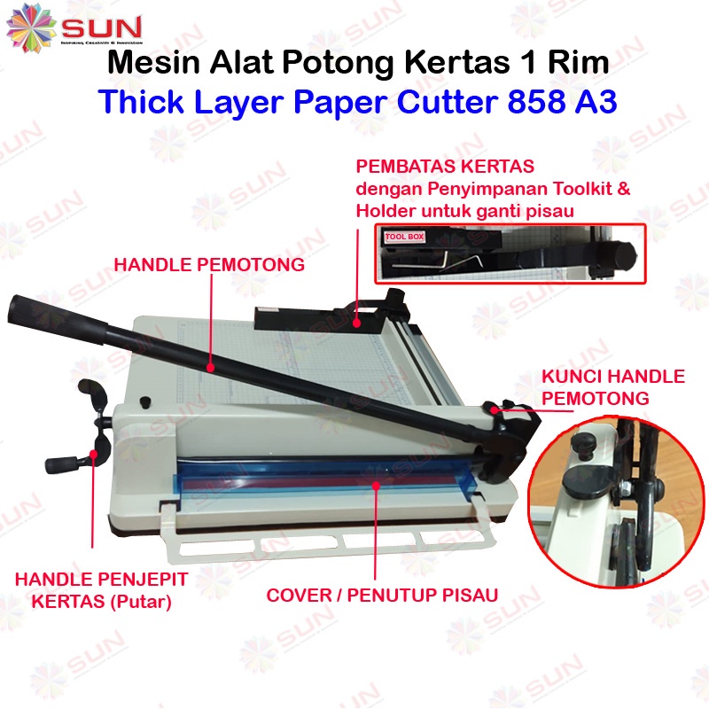 Mesin Pemotong Kertas 1 rim 858 A3 Kualitas Super Premium Garansi 2 Tahun (Alat Potong Kertas hvs, Sticker, Art Paper, Undangan, Buku, Brosur Uk A6, A5, A4, F4, A3) Thick Layer Paper Cutter