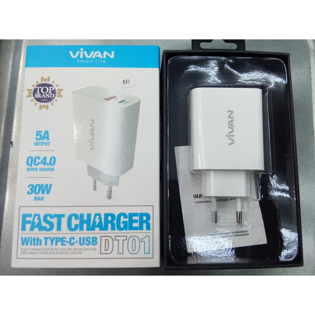 Charger VIVAN DT01 dual output 5A Type-C dan USB Fast Charging