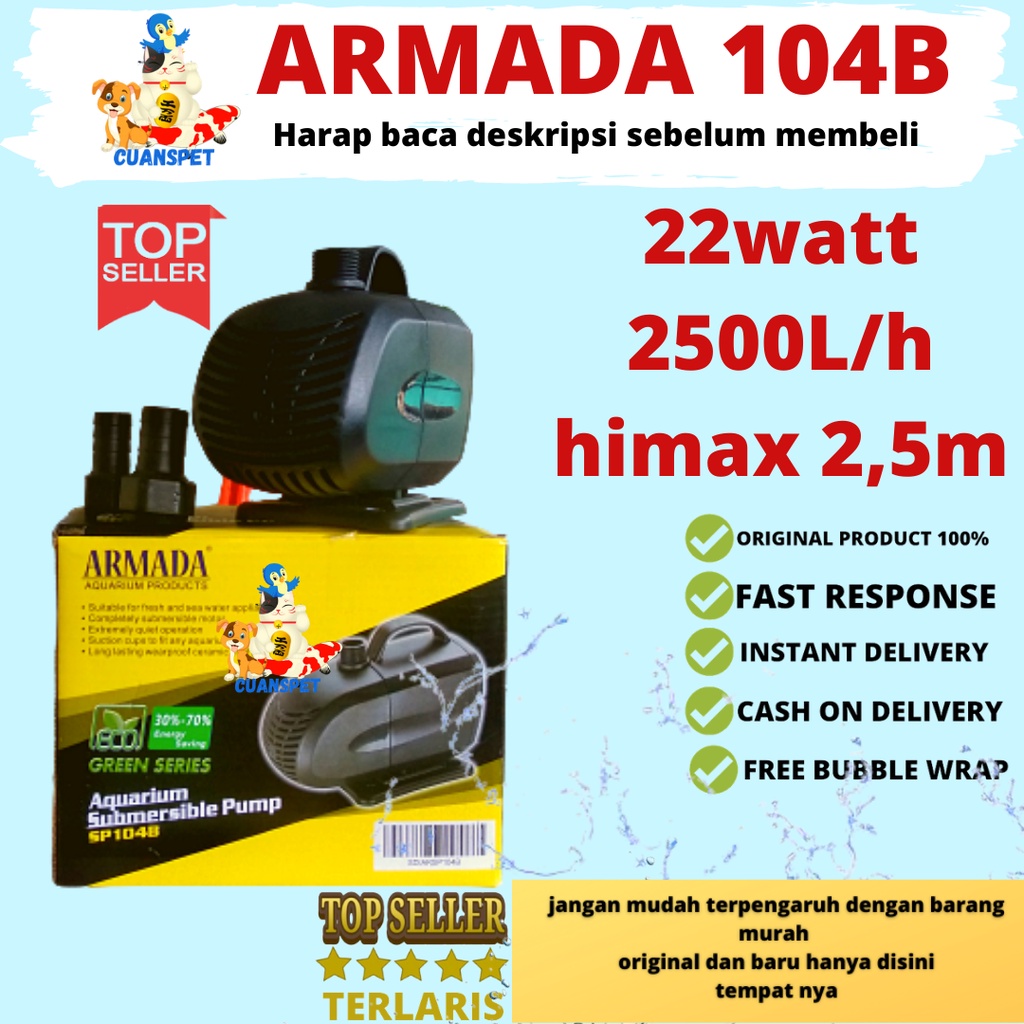 PROMO Pompa Air Celup Kolam Ikan Aquarium Aquascape Akuarium ARMADA SP 104B 22 Watt 2.5 Meter 2500lH