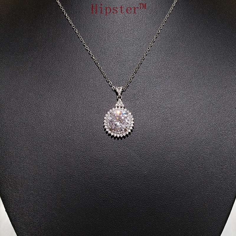 Simple Fashion Luxury round High Flash Moissanite Pendant White Gold Necklace