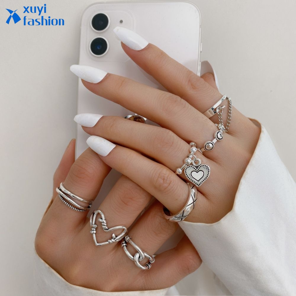 7pcs / Set Cincin Model Terbuka Desain Hati Warna Silver Gaya Punk Untuk Wanita