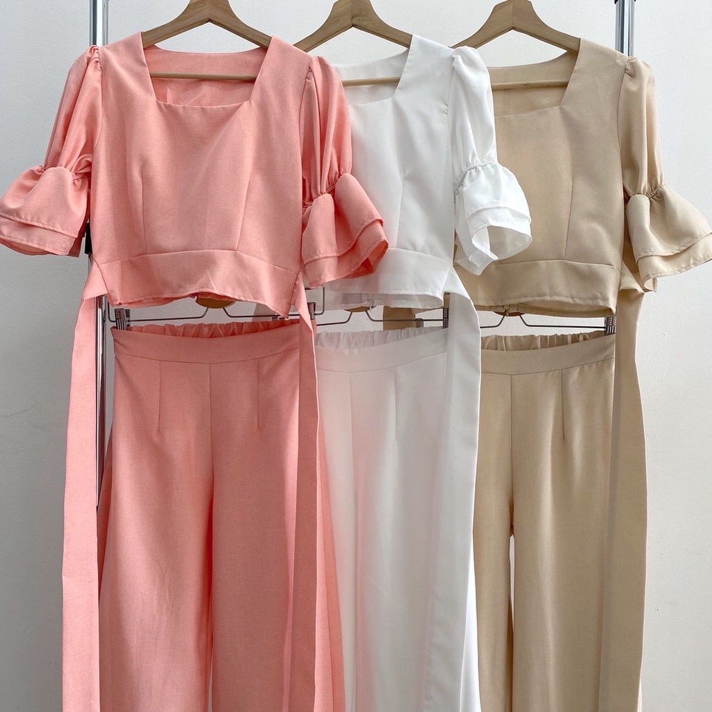 SET6614 Linen Double Ruffle Sleeves Top & Pants Set-7