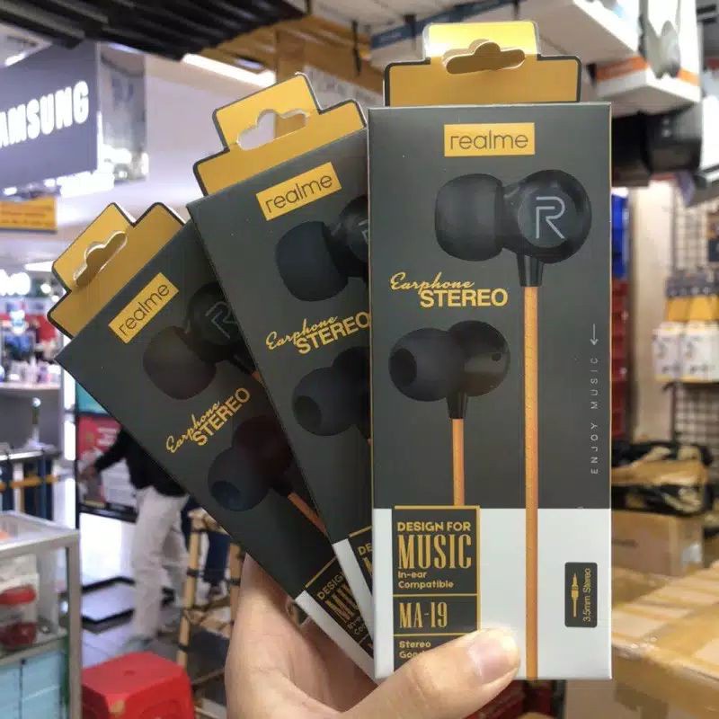 Earphone Realme M19 stereo bass music telfon headset mic