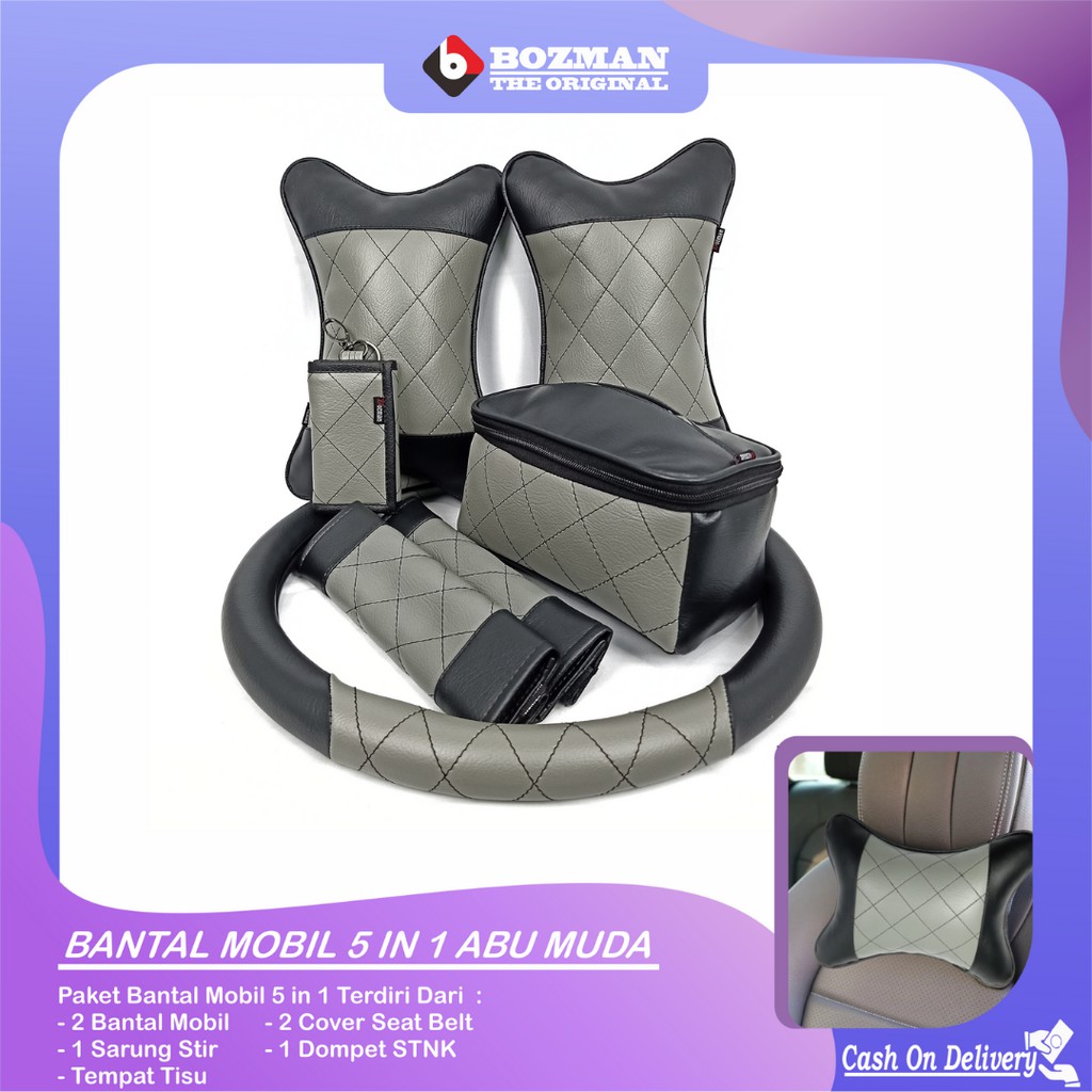 Set Bantal Mobil 5 in 1 Bantal Mobil Seatbelt Sarung Stir Dompet STNK Tempat Tissue Premium