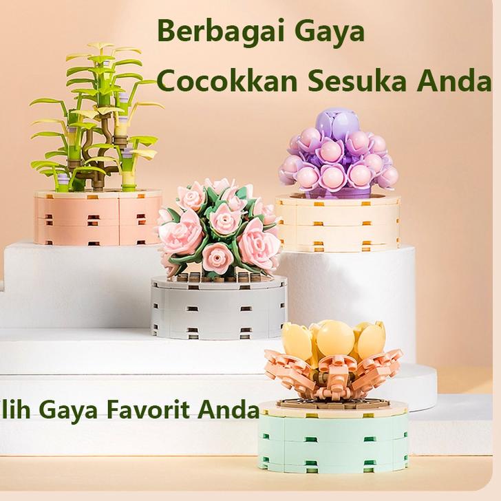 Stock Baru JAKI Mini Block Succulent Pot Tanaman Imitasi Buket Partikel Kecil Blok Bangunan Lucu Kreatif Ornamen Bangunan Mainan Hadiah