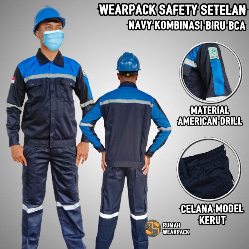 Setelan Wearpack Safety dan Celana Safety Warna Navy Kombinasi Biru BCA