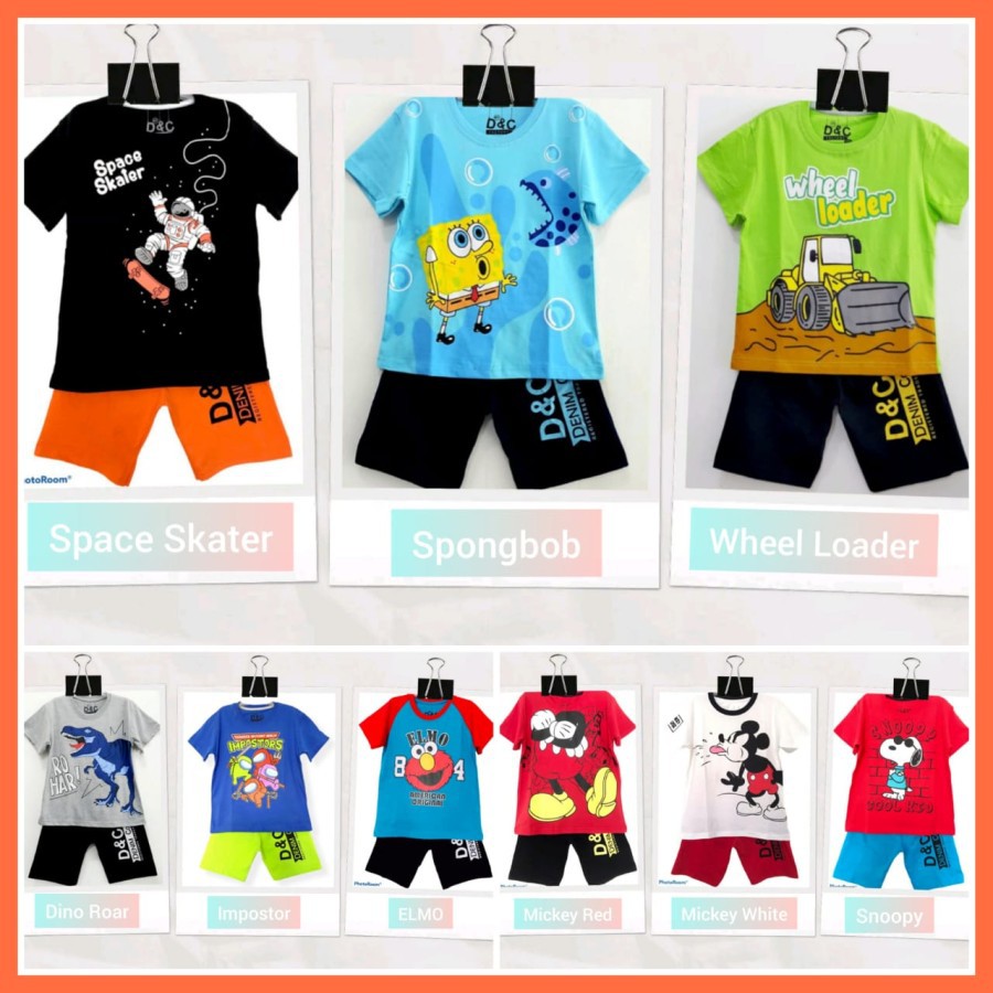 Setelan Anak Cowok|Laki-Laki|Baju Anak|Motif Kartun|Eskavator|Dino|