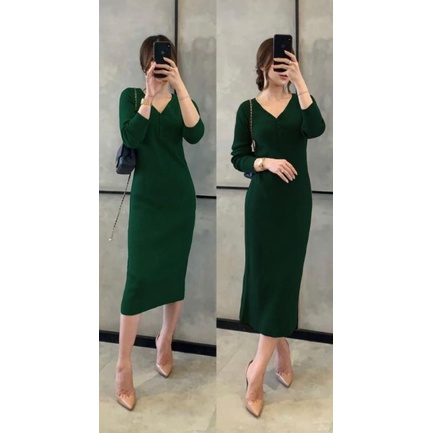 MDLV ~ Dress Monica Rajut Dres Rajut Bodycon Long Dress Lengan Panjang Fashion Wanita