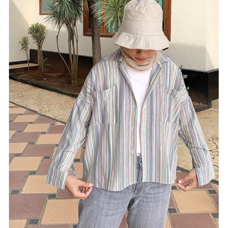 BEFAST - ZEC OOTD Wanita Kemeja NARICA / Picato Oversize Candy Cute Shirt / Pakaian Kemeja Salur / Kemeja Garis-Garis / Kem Lengan Panjang / Fashion Casual Wanita / Terbaru 2022 / Kemeja Bisa Di Jadikan Outer