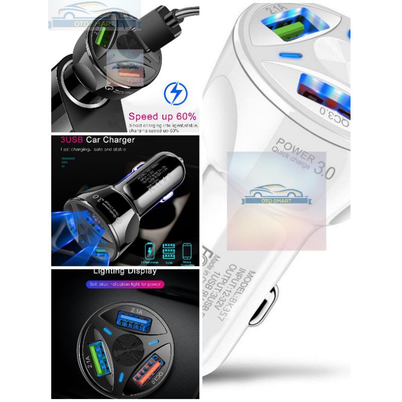 Car Charger HP Mobil Motor 3 USB Ports QC 3.0 fast Charging