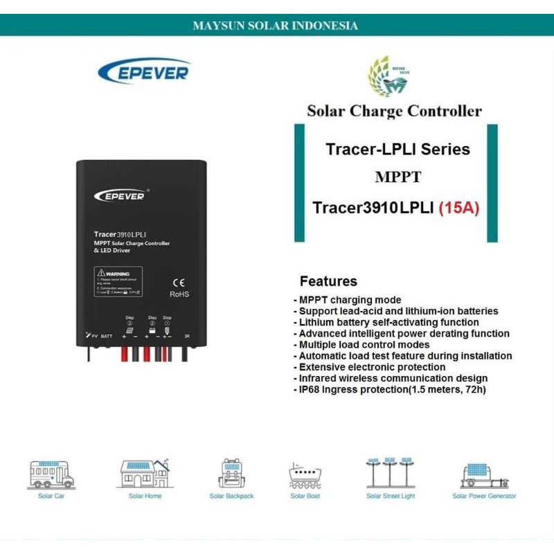 EPEVER Solar Charge Controller SCC MPPT 15A TRACER 3910LPLI 3910 LPLI