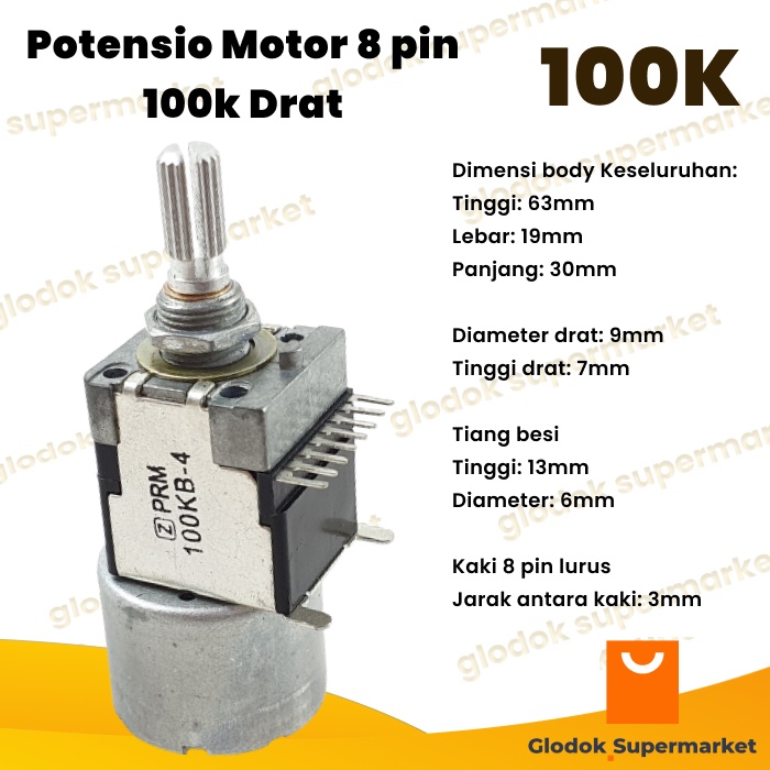 Potensio Motor 8 pin 100k Drat Stereo Kaki 8 Lurus 104