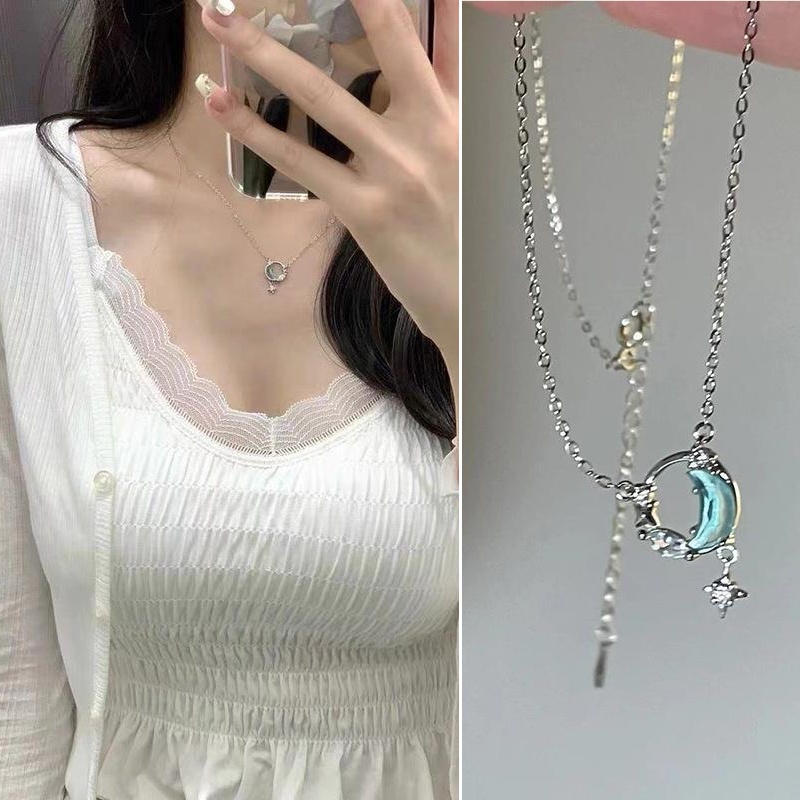 Kalung Rantai Sterling Silver 925 Hias Liontin Berlian Biru Gaya Korea