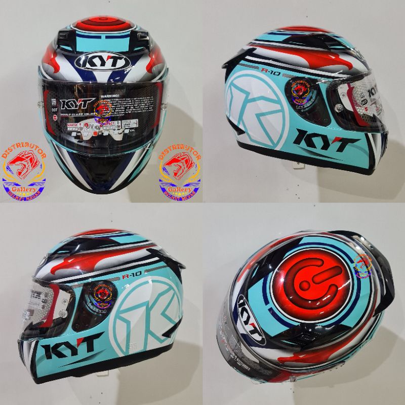 Helm KYT R 10 Aqua Aquamarine Flat Visor & Pinlock Ready Blue Red Fluo White Full Face R10 Biru