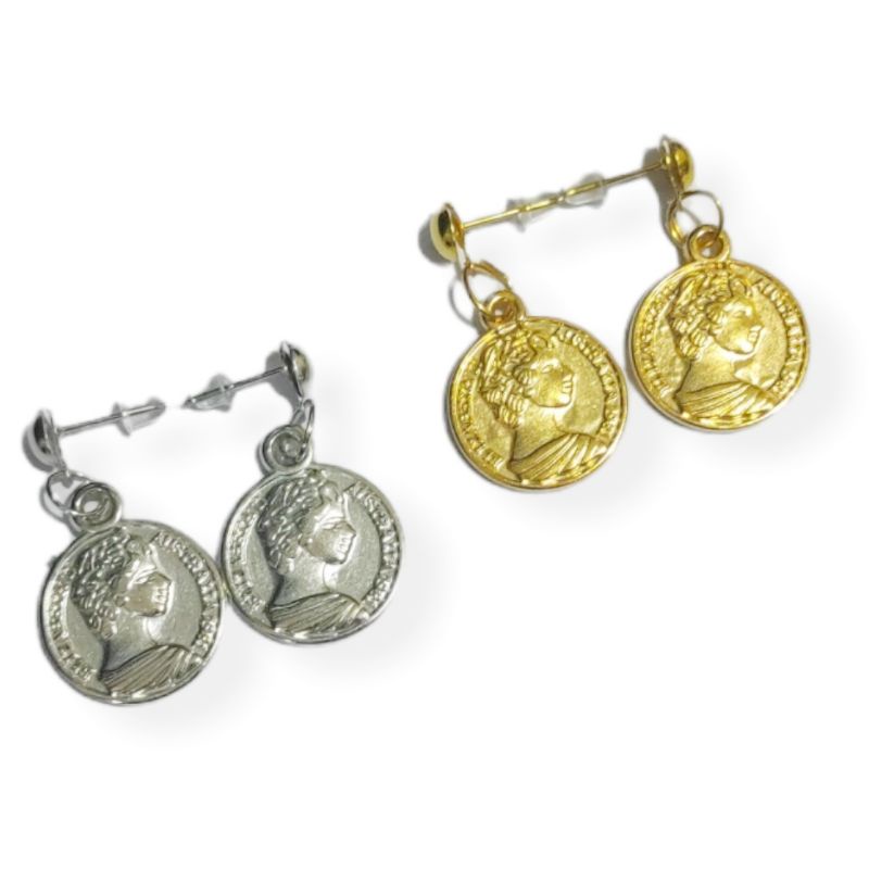 Anting Tusuk Elizabeth Coin Stud Earrings Liontin Koin