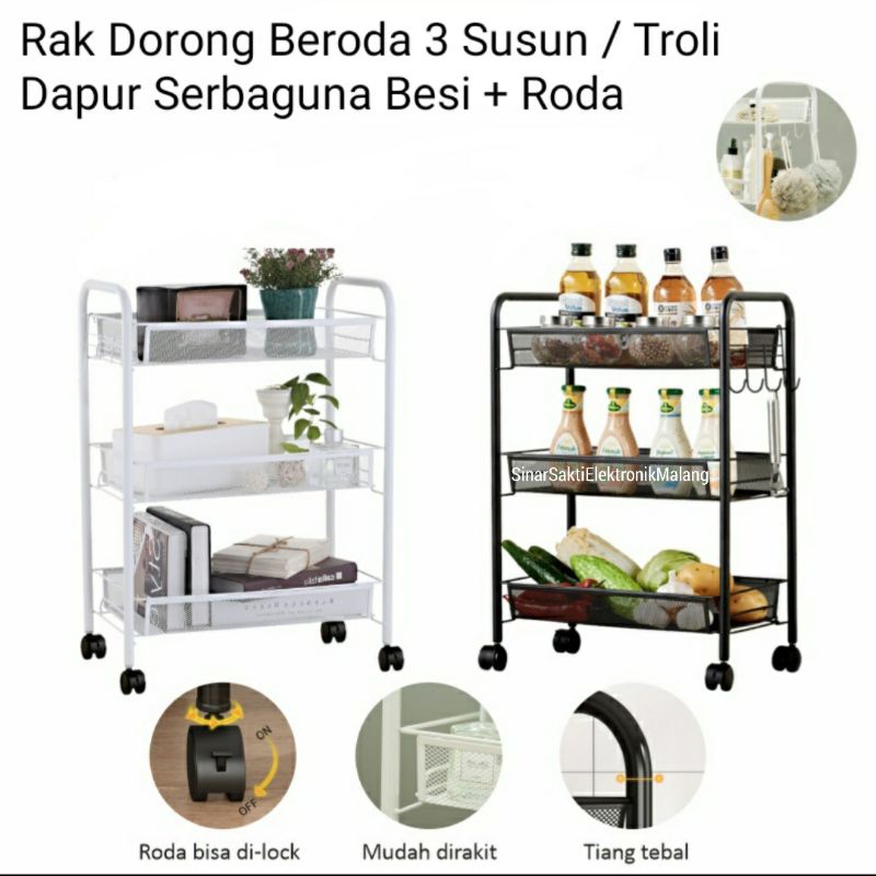 Rak Lantai Beroda 3 Susun / Troli Dorong Penyimpanan Serbaguna + Roda Besi Dapur Ruang Tamu Kamar Mandi Hitam dan Putih Susun 3