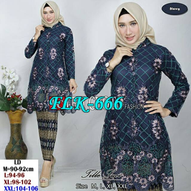 FLK 666 set tunik bhn Brokat tulle 3D(furing)+rok plisket M-XXl