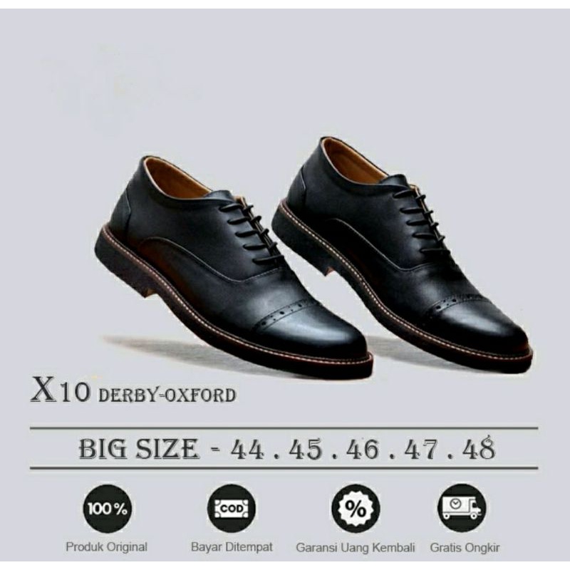 Original, Sepatu Kerja Big Size 43-48 Pantofel JUMBO Pria Kulit Asli / Sepatu Formal Oversize cowok Keren Model Tali Size Besar Hitam, 44