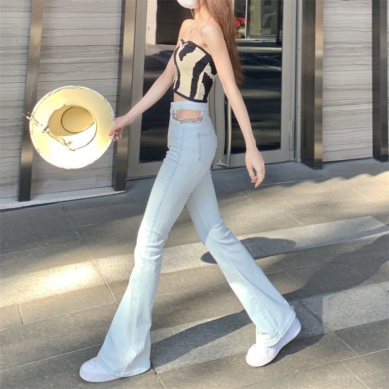 Versi Korea dari Eropa dan Amerika Fashion Micro-La High Waist Denim Lebar Kaki Celana Slim Lurus Hot Girl Style Sexy White Horseshoe Pants