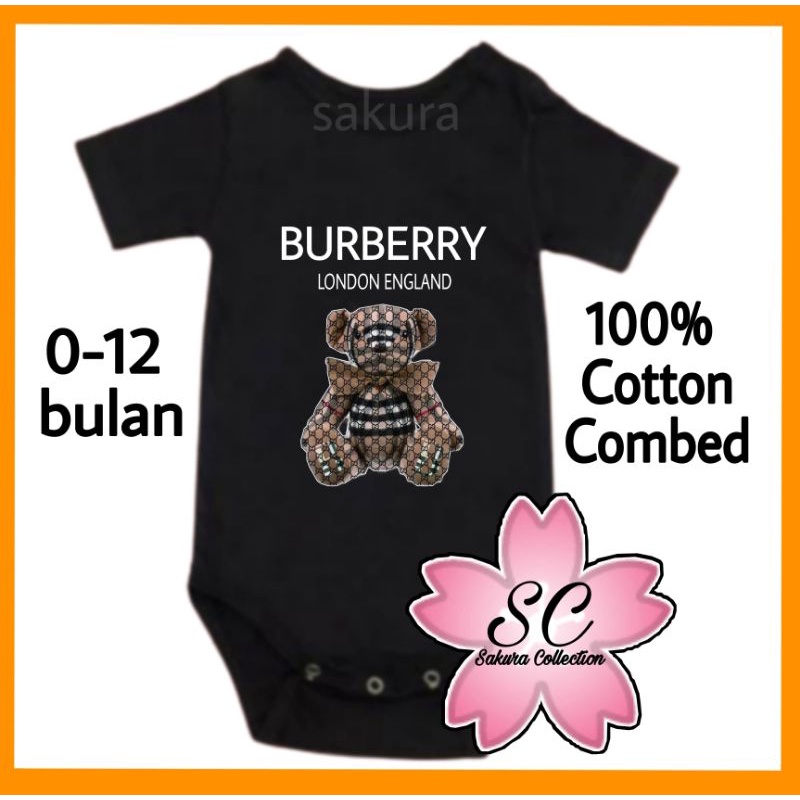 SC Kaos baju bayi jumper baby kids pendek Brand BURBERRY Bear LONDON ENGLAND baby logo tulisan custom usia 0 1 2 3 4 5 6 7 8 9 10 11 12 bulan umur 1 tahun adem jumpsuit babysuit romper bodysuit anak kecil hitam putih laki laki perempuan nyaman lembut